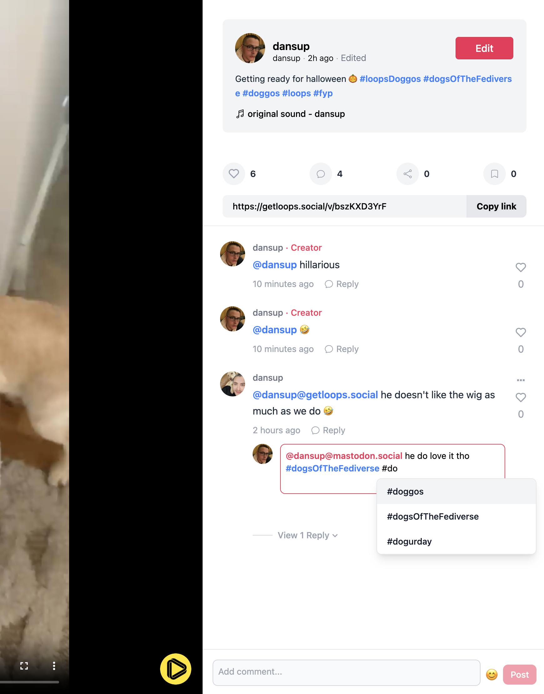 Loops comment section showing a comment reply mock <textarea> with mentions and hashtags rendered as links
