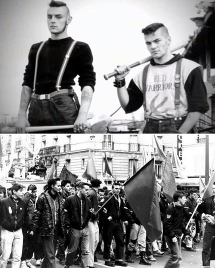 two panel picture. Above is two men dressed in an 80s hardcore punk aesthetic both holding bats. Right is Julien Terzics and left is his friend Jeff. Julien is wearing a shirt that reads "red warriors" with a hammer sickle logo.
from @historicalpix on insta:
Members of the Red Warriors – a French youth anti-fascist street gang that used violent force to combat the surge of neo-Nazi violence from France in the mid to late 1980s. The Red Warriors often acted as security for punk shows and left-wing activist groups, who were often targeted with violence by white power skinheads. Over time, the Red Warriors, and other youth gangs with similar goals, became well-known in France for their confrontational methods for resisting fascists.