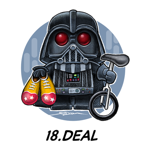 A colored drawing of a menacing yet cute Darth Vader holding up a pair of clown shoes in one hand and a unicycle in the other.