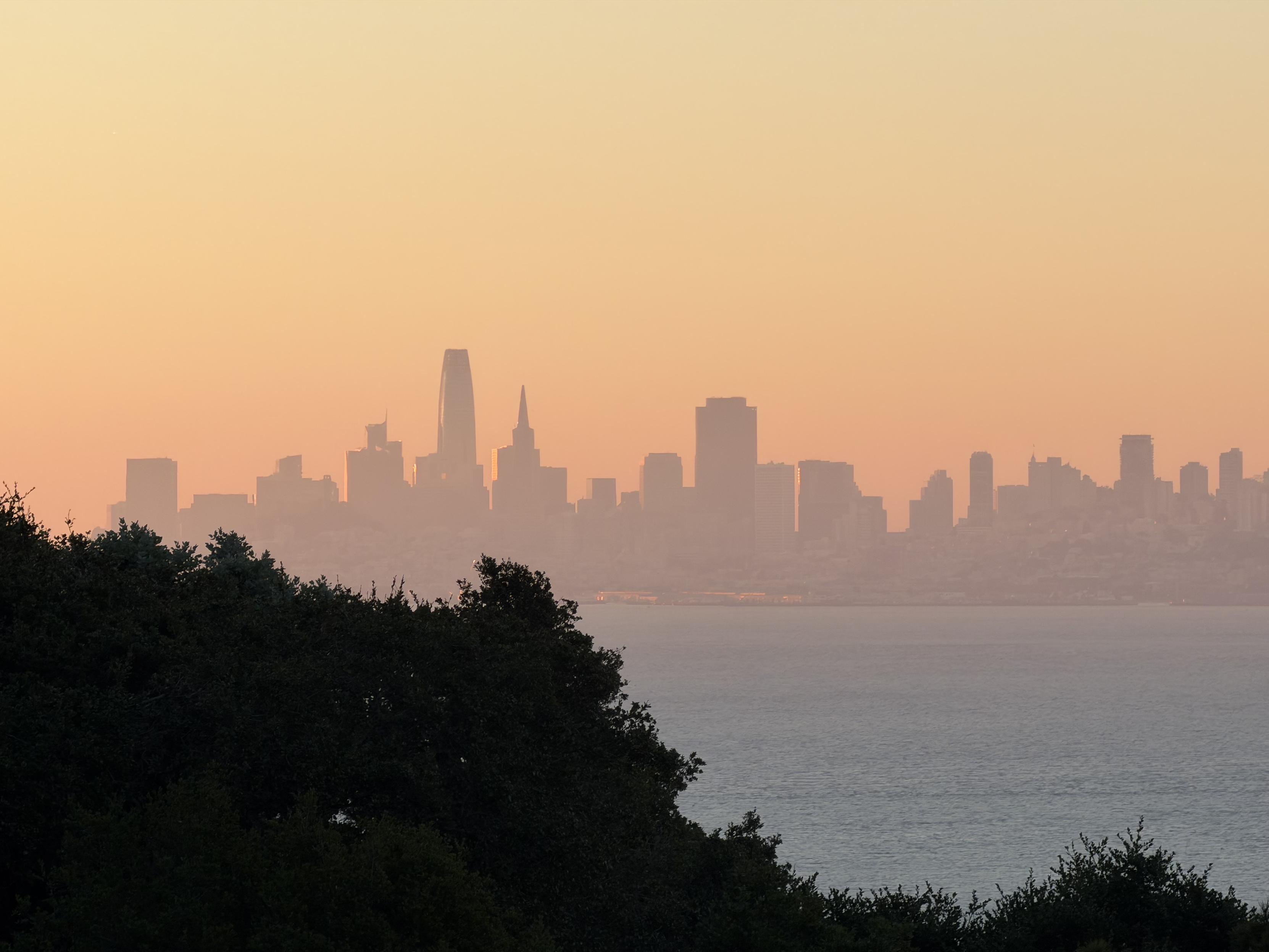 Photograph of the San Francisco skyline from Belvedere Island; pastel hues in the sky from orange behind the buildings to a light blue tinge at the top of the frame