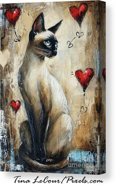 This is a canvas of a painted pretty Siamese Cat with pretty blue eyes and  red love hearts around it. 