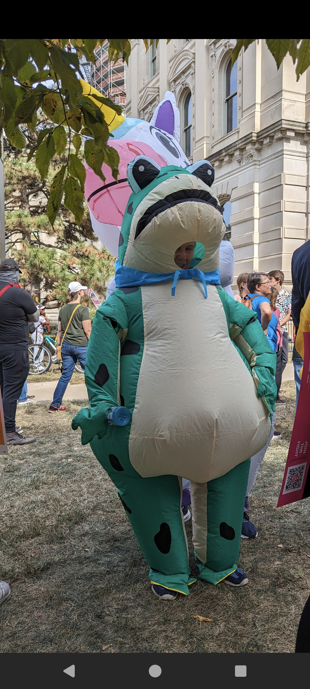 Inflatable costume, Portland frog with unicorn friend