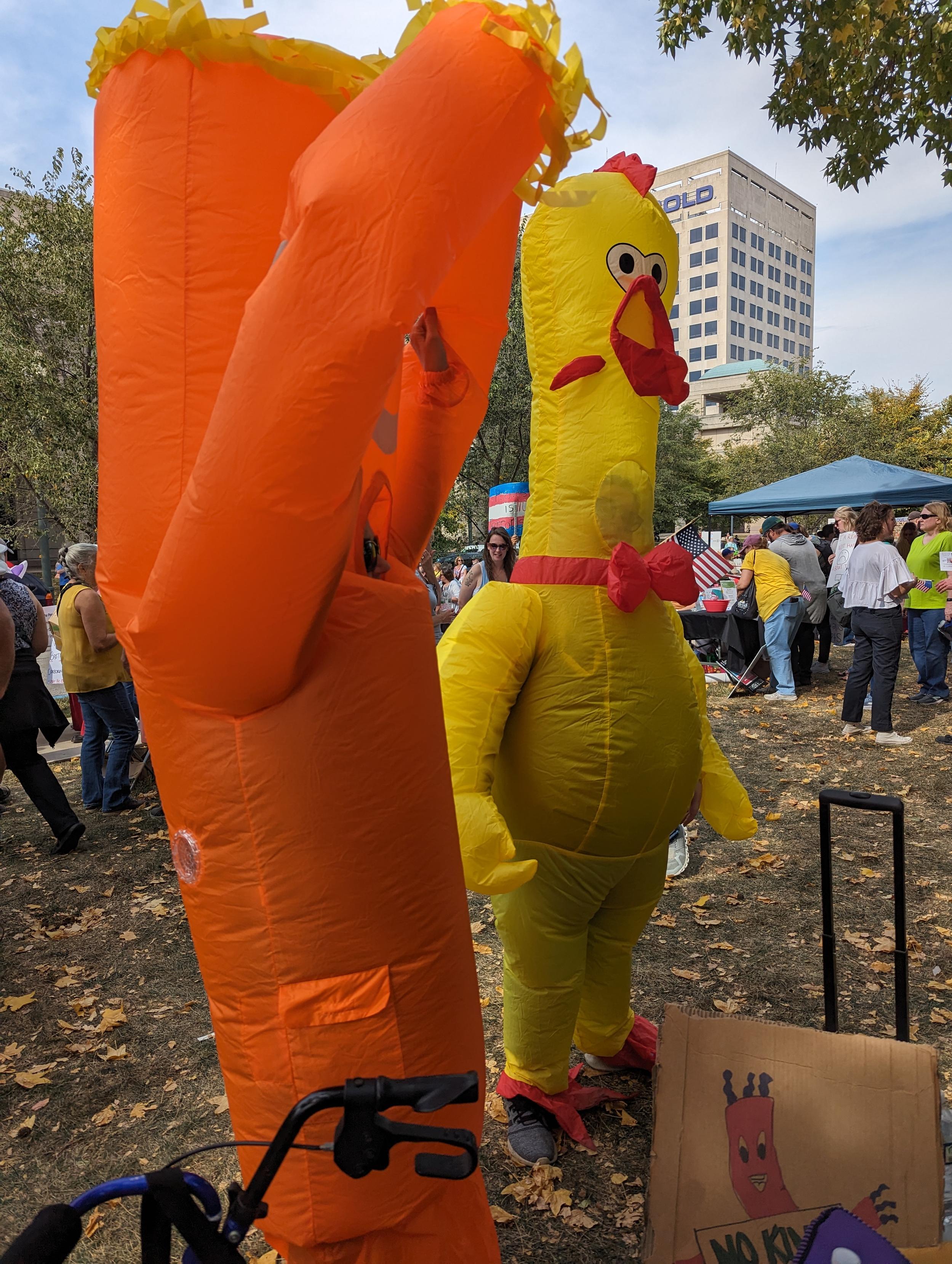 Orange noodle man yellow chicken inflatable costumes