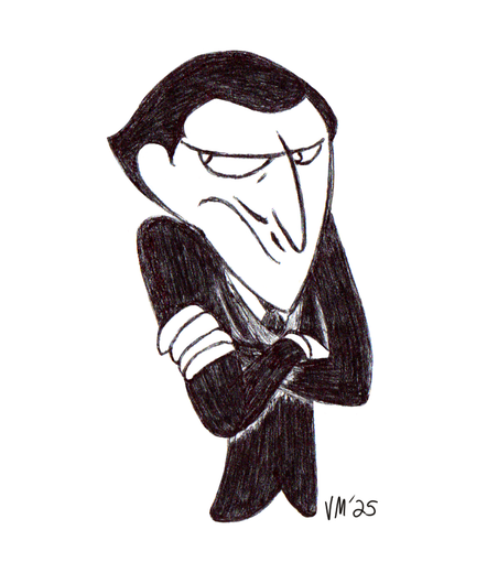 A stylized cartoon rendering of Basil Rathbone as Wolf von Frankenstein, looking very irritated and very pissy.