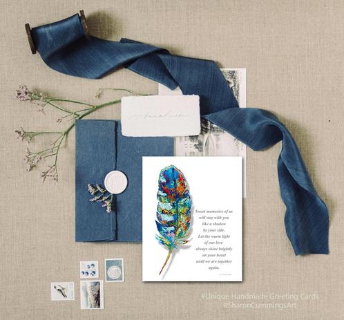 Colorful feather original art and poetry by Sharon Cummings.