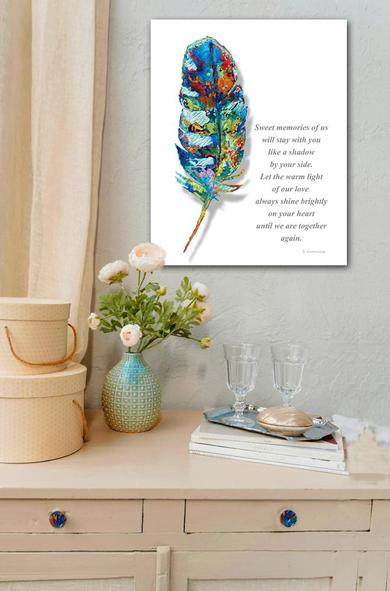 Colorful feather original art and poetry by Sharon Cummings.