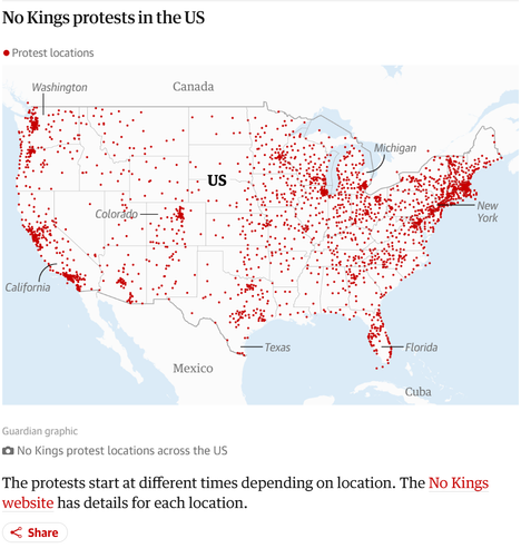 An infographic with the title "No Kings protests in the US" showing a map of the US overlayed with red points marking the geographical location of roughly 2,700 protests that took place today.  There are concentrations of activity on both US coasts, particularly along the northeastern coast.