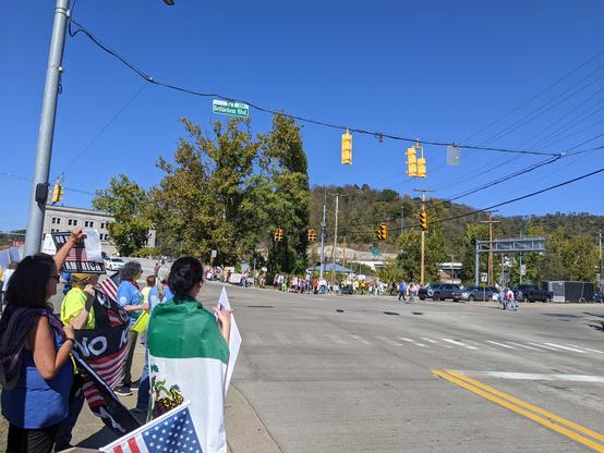 Photo of our local protest towards the left of us at the intersection with folks with signs and flags.
