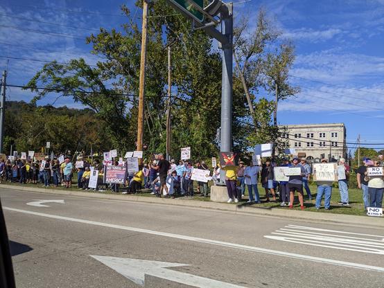 Photo of us driving past the protest before parking of a long line of protestors holding signs and flags while we cheered them on.