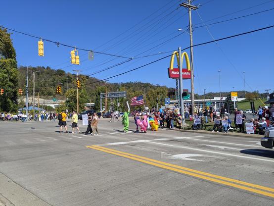 Photo of our local protest towards the right of us at the intersection with folks with signs and flags. Some protestors walking across the street in inflatable costumes.