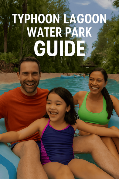 Young family floating through Castaway Creek lazy river at Typhoon Lagoon Water Park, Orlando.