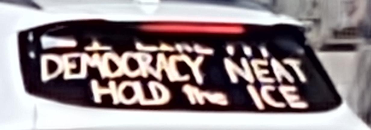 Back window of car, "I like my democracy neat, hold the ICE"