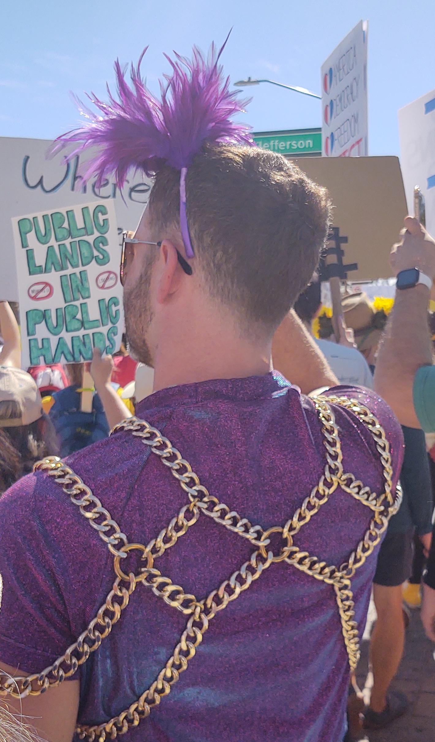 Guy in purple shirt with a golden chain top and wearing a purple feather tiara ( really just a headband, but fabulous earns tiara )
In front of him is a sign that says, "Public Lands in Public Hands"