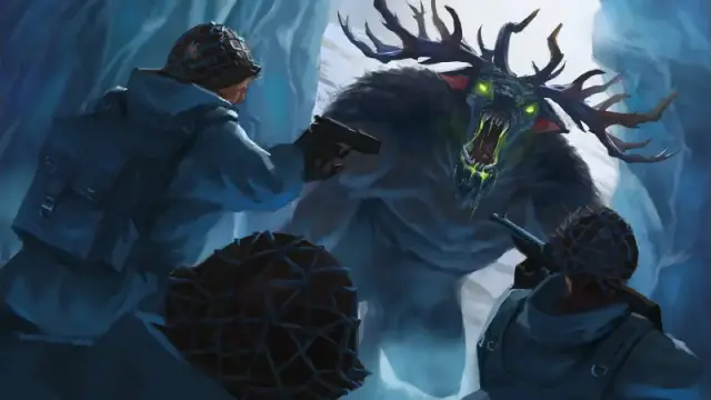 Official art from "Acthung! Cthulhu: The Norway Projekt," featuring three Allied soliders facing down a hideous horned demon in an icy cavern.