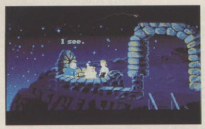 A prerelease screenshot of Monkey Island 1 for Amiga, showing Guybrush talking to the Melee Island lookout in the intro. The screen is vertically centered, a feature not found in the final release.