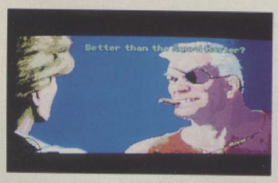 A prerelease screenshot of Monkey Island 1 for Amiga, showing the closeup of sword trainer Captain Smirk when Guybrush first meets him. The screen is vertically centered, a feature not found in the final release. Also, no smoke is emanating from Smirk's cigar.