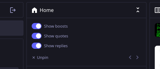 Options to adjust the main home feed in the Mastodon native app that read in order:
1. Show boosts
2. Show quotes
3. Show replies