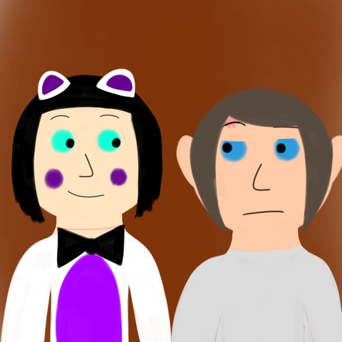 Drawing of Millie looking at Minna with a smile while Minna looks at Millie unsure and she is even raising an eyebrow. Millie is dressed up as Funtime Freddy and Minna is dressed up as a ghost for the halloween season