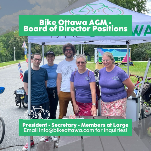 Poster of Bike Ottawa AGM listing board positions open at upcoming elections. You can see the executive team of the board and a member at large.