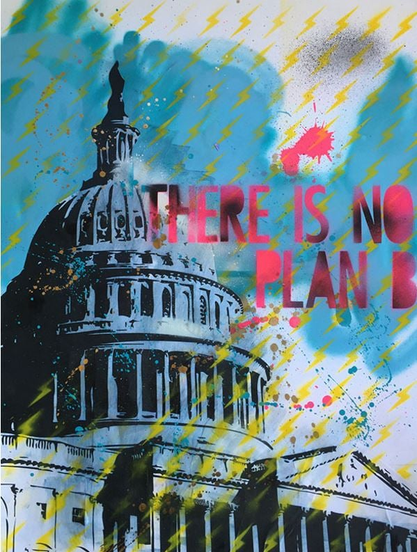 Gregg Deal is a Pyramid Lake Paiute street artist and activist.
The piece depicts the United States Capitol Building with the text "THERE IS NO PLAN B" spray-painted over it.
The artwork is part of Deal's body of work that focuses on Indigenous identity, decolonization, and social justice.
The phrase "There Is No Plan B" is often used in the context of climate change activism, suggesting that there is no alternative planet to live on.
