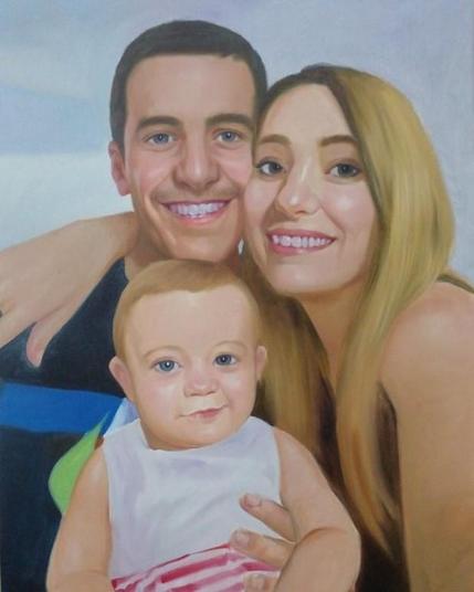 a painting of a young couple, their heads touching, holding their young daughter in a red and white striped dress, everyone smiling, the baby is smirking, she is really cute 