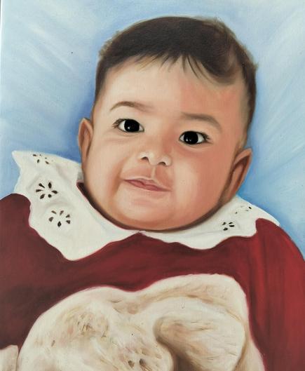 a painting of a baby wearing a burgundy jumper with a lace collar, laying in a blue bed and looking to the left of the viewer 
