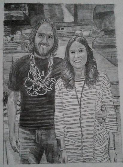 a black and white painting of a couple, the husband has long hair and his arm around his wife, they are smiling and looking at the viewer 