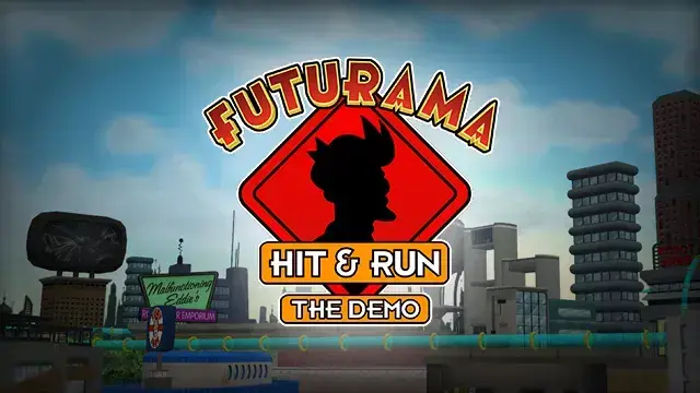 The Futurama: Hit & Run demo logo layered on top of a screenshot of the skyline of mod's custom New New York map.