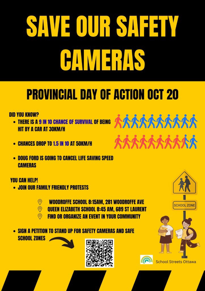 Poster of Provincial Day of Action, Oct 20, against the removal of speed cameras in Ontario. Two locations are given at two different schools.