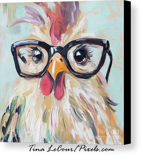 This is a painted canvas of a sweet funny chicken wearing thick black glasses called Goober Girl. 