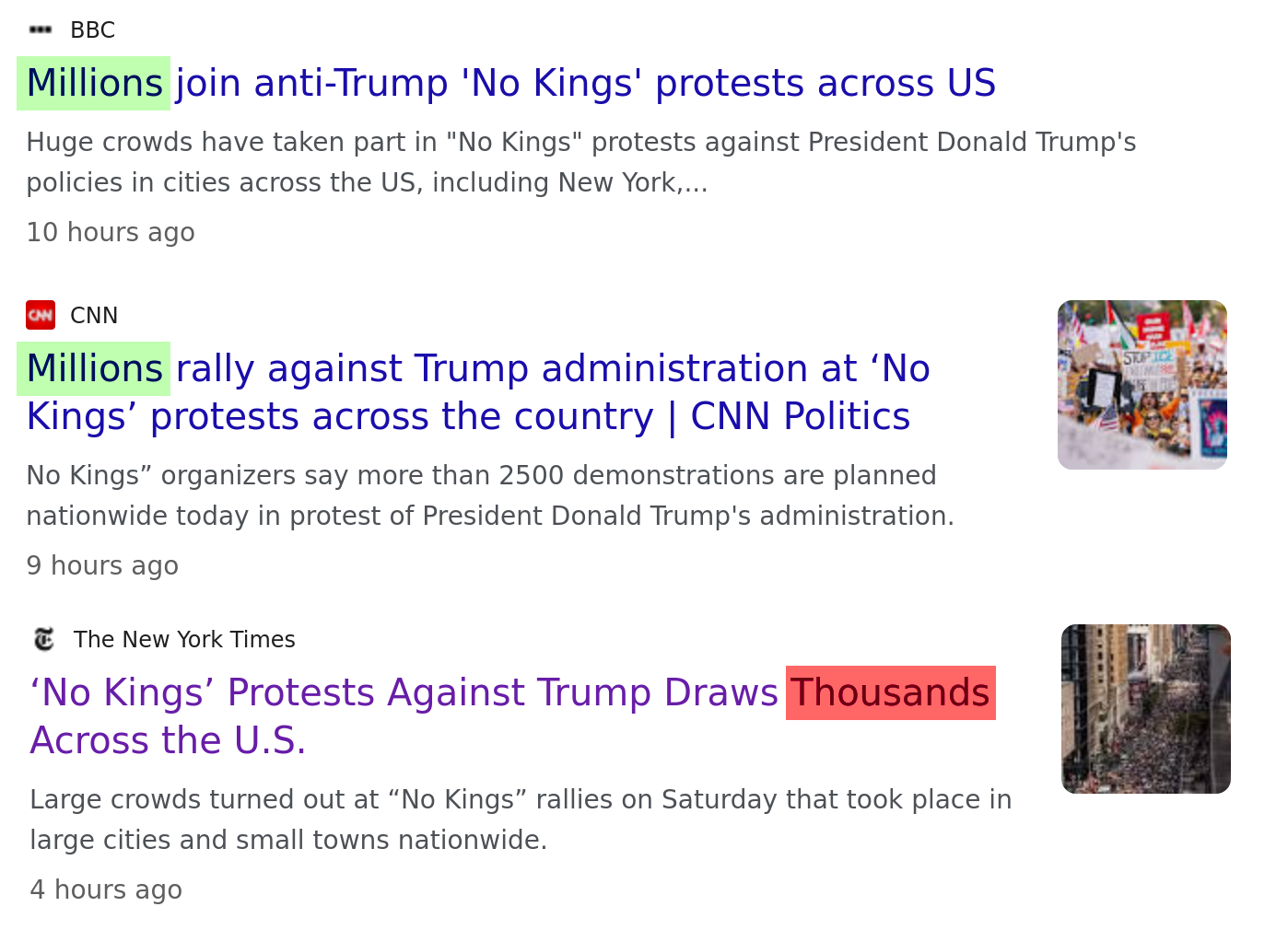 headlines from BBC and CNN saying "Millions" did the #NoKings protests, plus an NYT headline saying "Thousands"