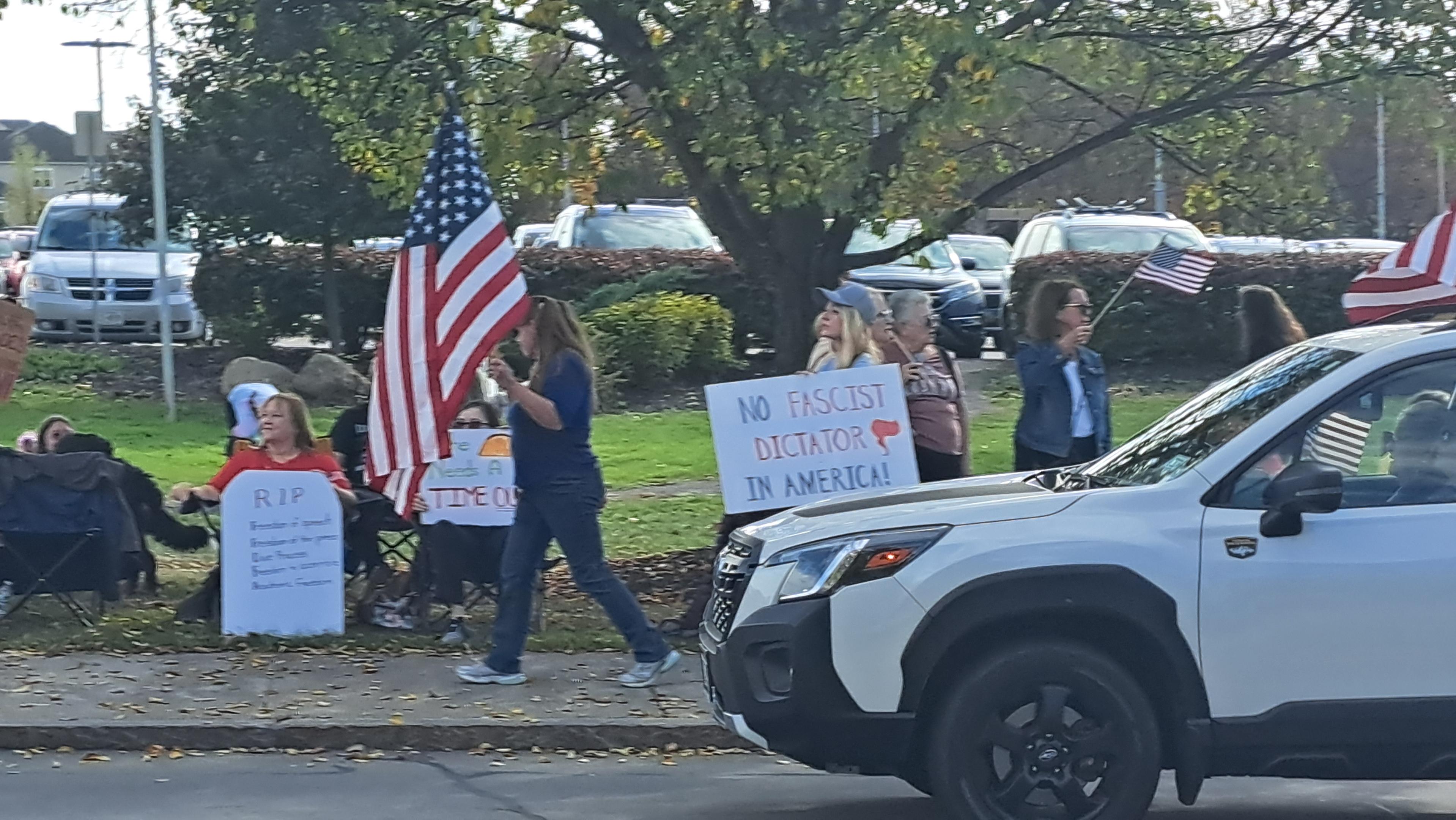 "no fascist dictator in america!" sign
"the orange needs a time out" sign
people flying american flags
blurry sign