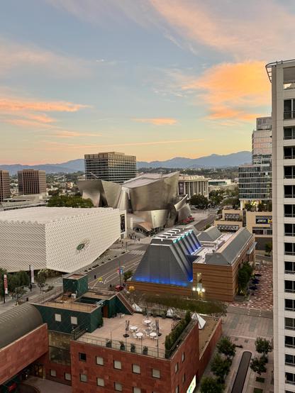 View of Bunker Hill DTLA at sunrise - MOCA in the foreground, The Broad to the left, Disney Concert Hall behind that.