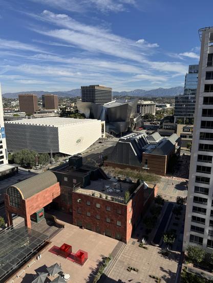 View of Bunker Hill DTLA daytime - MOCA in the foreground, The Broad to the left, Disney Concert Hall behind that.