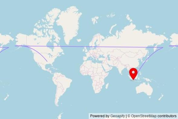 A map showing the great circle route from Rockport in the United States to a map pin at Masjid Al-Fath, Jalan Intan 3, Karawang 41374, West Java, Indonesia