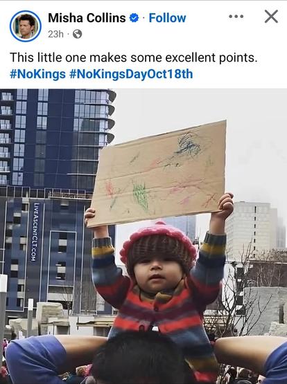 Screenshot of a post by actor Mischa Collins, with a photo of a very small child sitting on a man's shoulders. The child is holding a piece of cardboard over their head, with some unintelligible scribbles on it in various crayon colors. 

Mischa commented on the photo with: "This little one makes some excellent points."