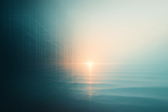 Horizontal abstract image of blueprint grids dissolving into a reflective bronze-teal water surface. A glowing horizontal seam at the center symbolizes the threshold between pressure and reflection, representing awareness emerging through design. Concept & design co-created with AI (ChatGPT, OpenAI) under The Ratchet Sage™ creative direction. © Ebony L. Green / Authentic Distinction™