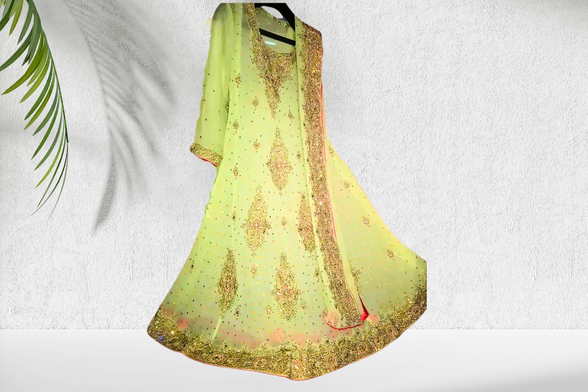 Upgrade your festive look with this beautiful light green embroidered dress, designed with intricate handwork, fine stones, and zari detailing. The outfit includes a long frock-style kameez, a matching dupatta with heavy border, and elegant embellishments that sparkle under any light. 

 Key Features:

Color: Soft pastel green with dupatta edging

Fabric: Premium chiffon / net blend

Work: Heavy embroidery with stones, beads & zari

Style: Long frock / gown style – ideal for weddings, parties, and formal occasions

Why buy this piece

Eye-catching pastel shade perfect for daytime functions, mehndi or spring/summer weddings

Rich traditional embroidery offers a luxury designer look without the new-designer price

Versatile — works as bridal party wear, walima, reception or formal festive outfit

Condition: New Piece

Size: Medium (can be altered easily)


 Perfect For:

Wedding functions (mehndi, walima, reception)

Eid, festive, or formal gatherings

Bridesmaid or party wear


 Extras:

Dupatta with full heavy embroidered border

Inner lining included for comfort and perfect fall