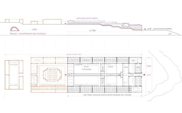 Gyaros Island of Exile - 'The other "Parthenon"' - Layout plan and section of the prison building, planned and built, F.Metaxa 1947, Ano Syros archive