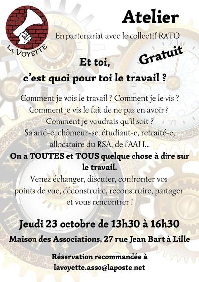 Flyer avec le logo de La Voyette qui est un mégaphone tenu par une main et des engrenages en fond
