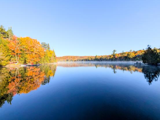 A calm lake reflecting vibrant autumn trees and a clear blue sky.
