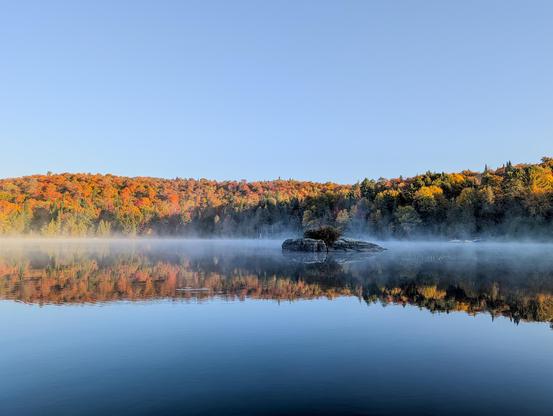 A rocky outcrop emerges from the misty lake, surrounded by brilliant fall trees.
