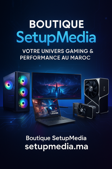 Image promotionnelle stylisée de la boutique SetupMedia montrant plusieurs PC gamer, laptops et composants mis en avant sur un fond technologique moderne avec le texte “Boutique SetupMedia – Votre univers gaming & performance au Maroc