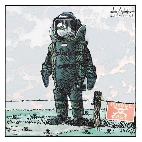 Dove of peace is seen inside the helmet of a hazmat suit, standing behind a barbed wire fence with a sign showing the poison symbol.