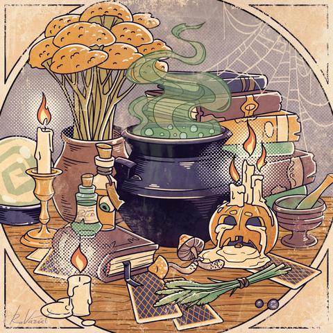 A still life with a witchy cauldron, tarot cards, a crystal ball, dried herbs, and glass bottles. The warm light creates a mystical, introspective atmosphere — more about mood than real magic.