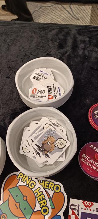 Stickers with the text "0 days since it was DNS" and "It's always the DNS"