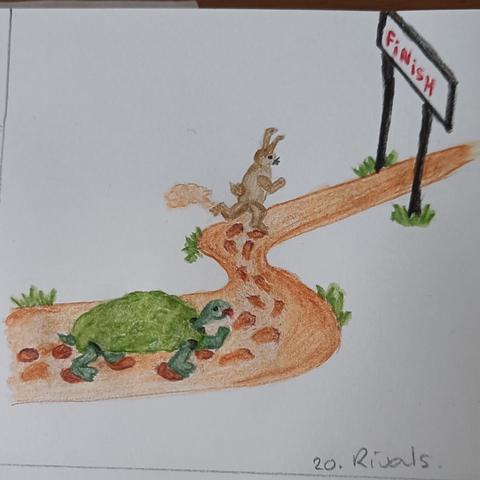 A wandering path towards a Finish sign over it.
In the foreground a turtle with tongue out trodding in the footsteps of the hare. In front of it around the bend a running hare with dust cloud behind it. 