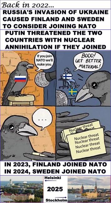Meme depicting Putin's phony threats against Finland and Sweden if they joined NATO. 