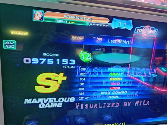 Pump It Up Phoenix Score page.
Song: Last Rebirth 
Difficulty: Double 14
Score: 975153 S+