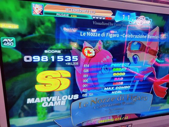 Pump It Up Phoenix Score page
Song: Le Nozze di Figaro ~Celebrazione Remix~
Difficulty: Single 13
Score: 981535 SS